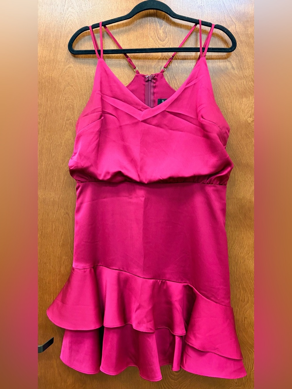 Lulus On the Floor Fuchsia Satin Ruffle Dress Mini Above Knee Fitted Waist Large